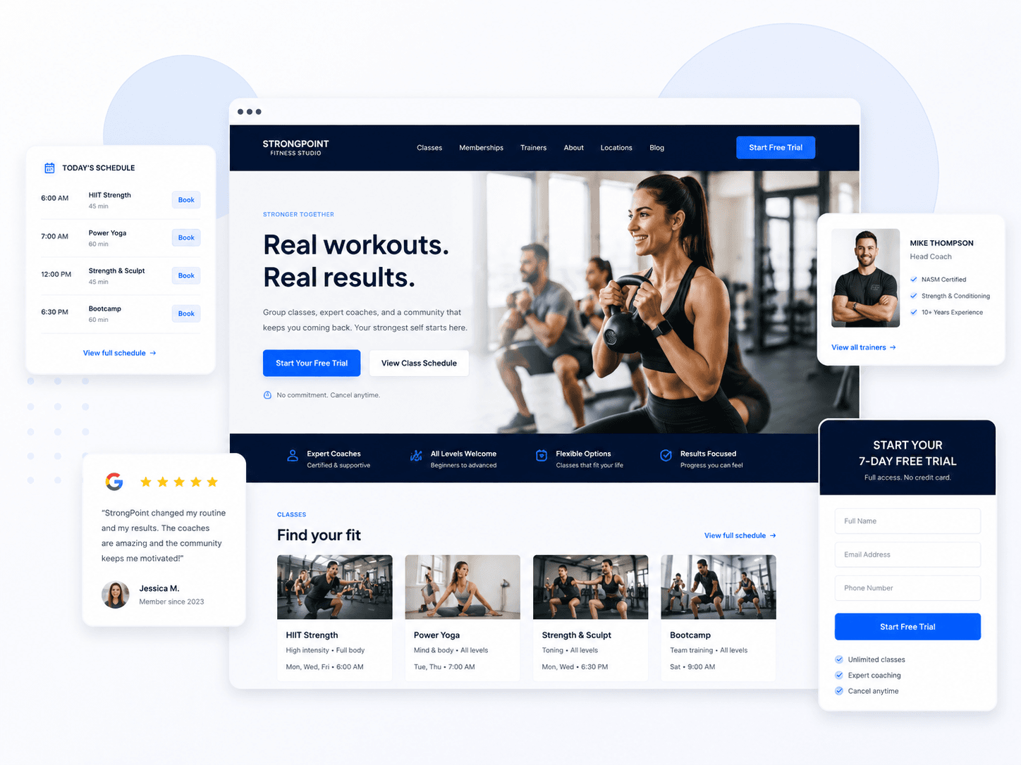 Example gym website built by DoxtAI — showing class schedules, membership sign-up, and trainer profiles