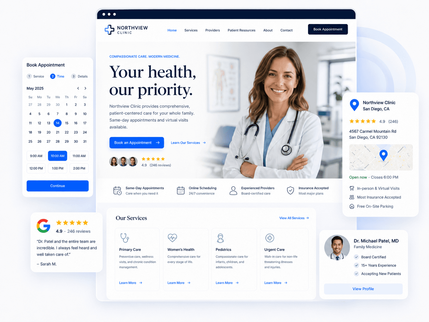 Example clinic website built by DoxtAI — showing online appointment booking, provider profiles, and local SEO