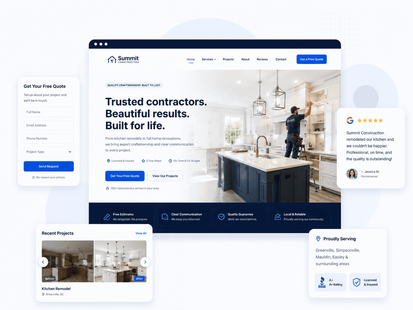 Example contractor website built by DoxtAI — showing quote forms, project gallery, and service area pages