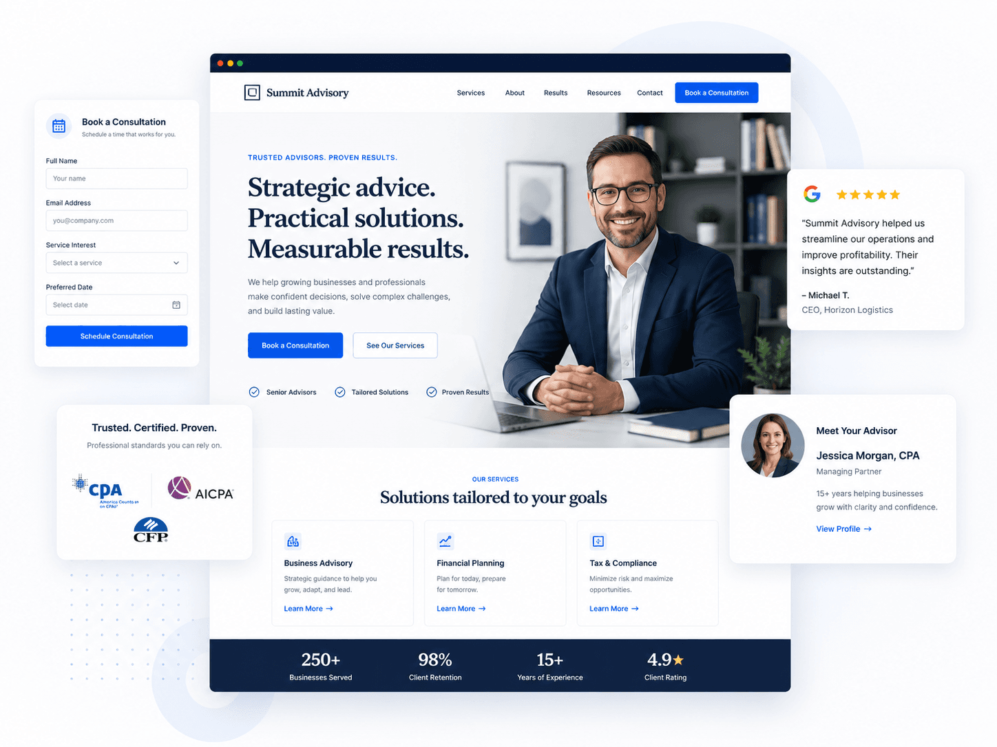 Example professional services website built by DoxtAI — showing credentials, service pages, and consultation booking