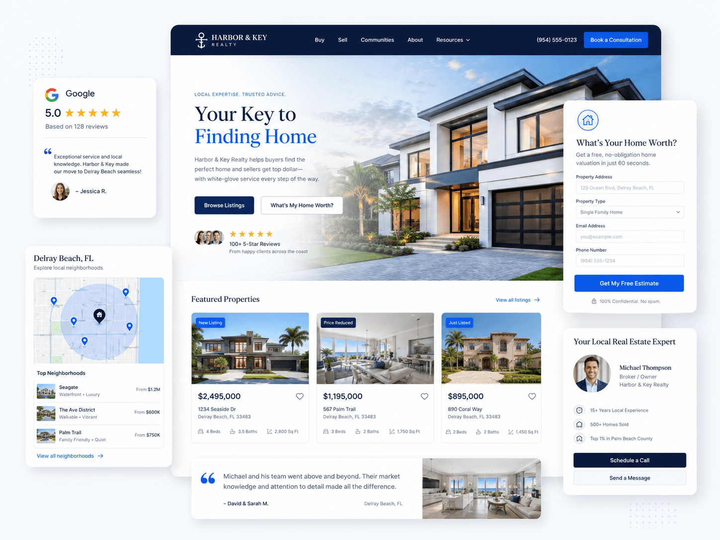 Example real estate agent website built by DoxtAI — showing property listings, lead capture, and neighborhood pages
