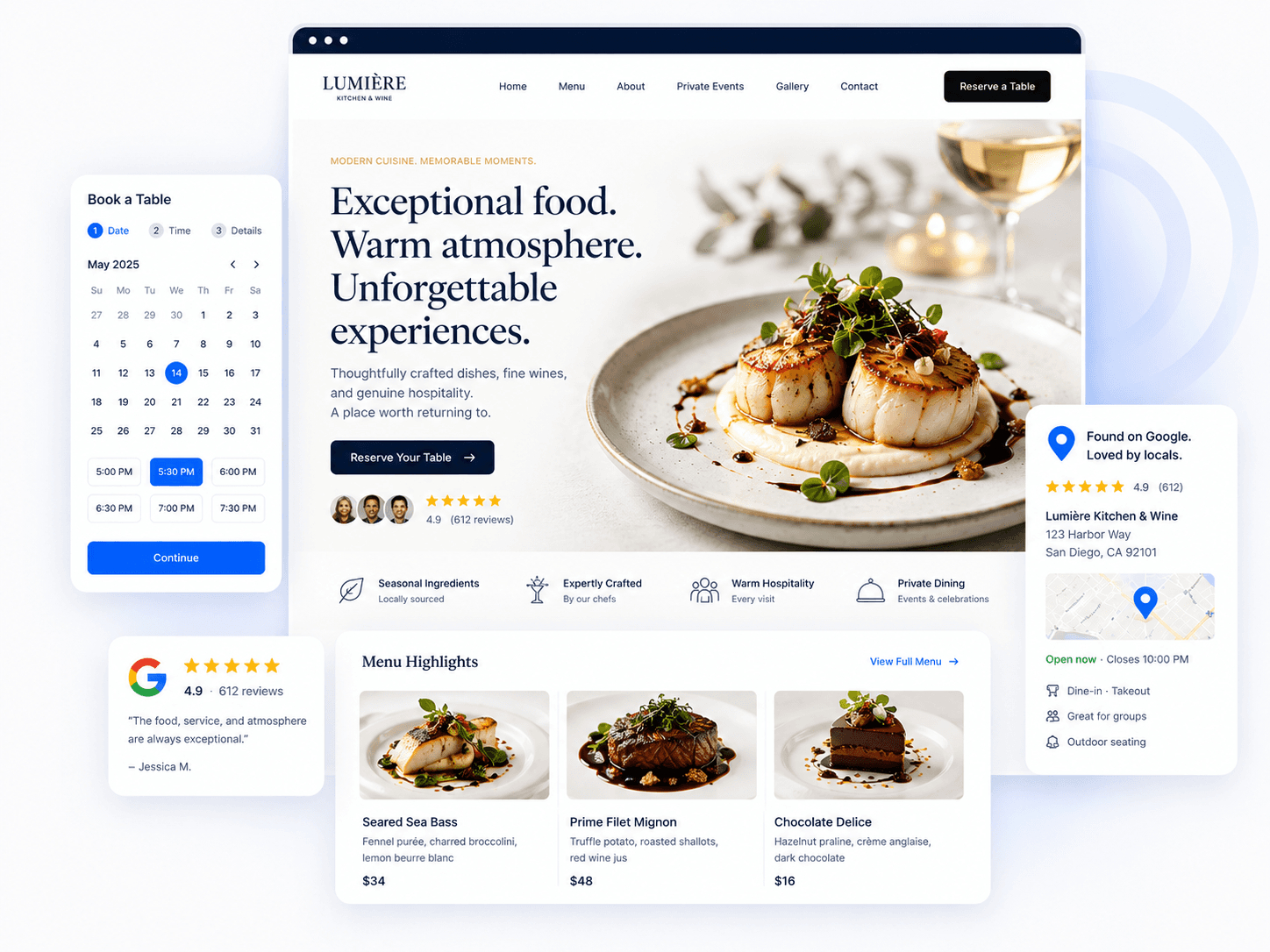 Example restaurant website built by DoxtAI — showing online menu, reservations, and Google reviews