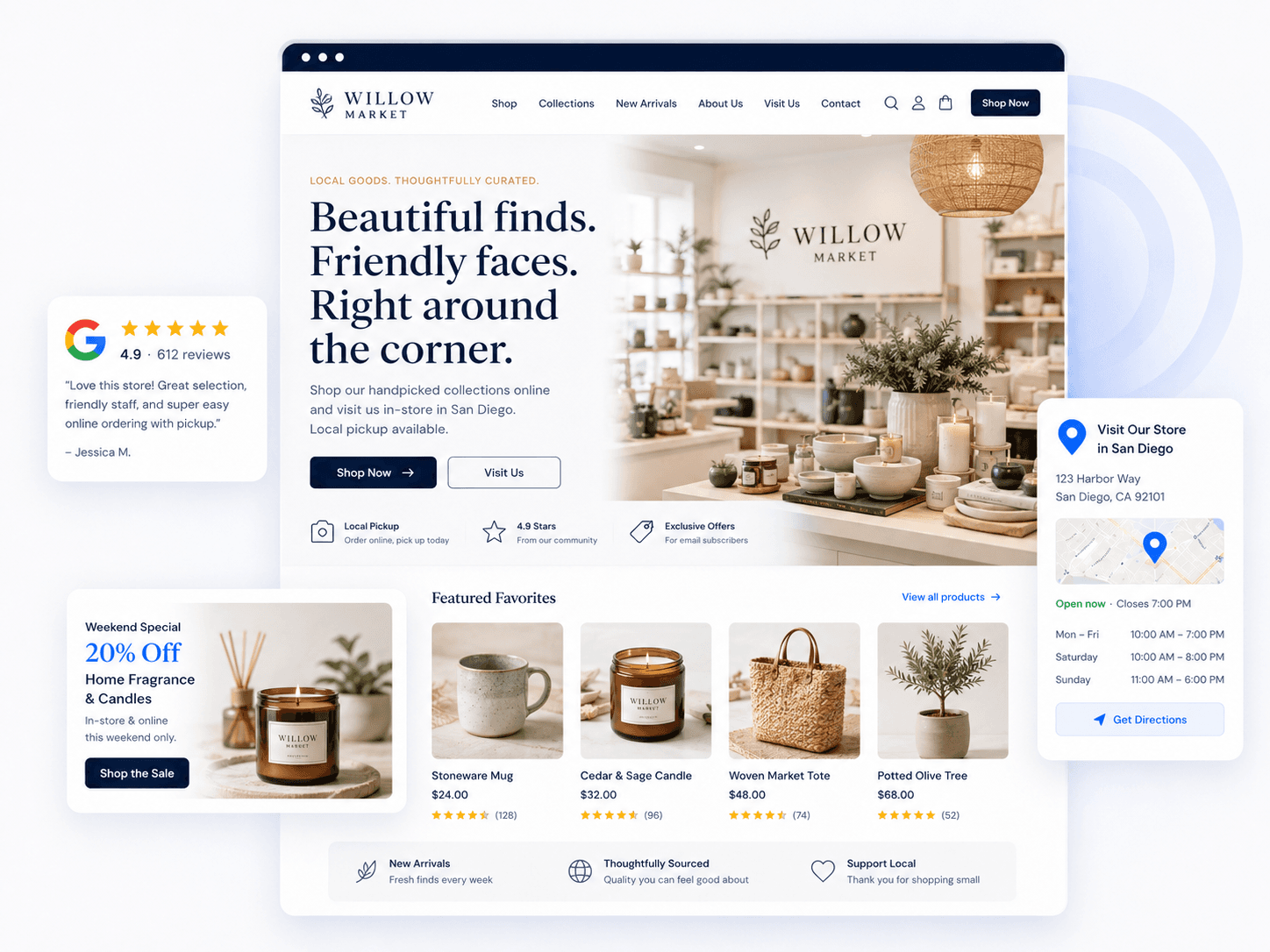 Example retail store website built by DoxtAI — showing product highlights, store hours, local pickup, and Google visibility