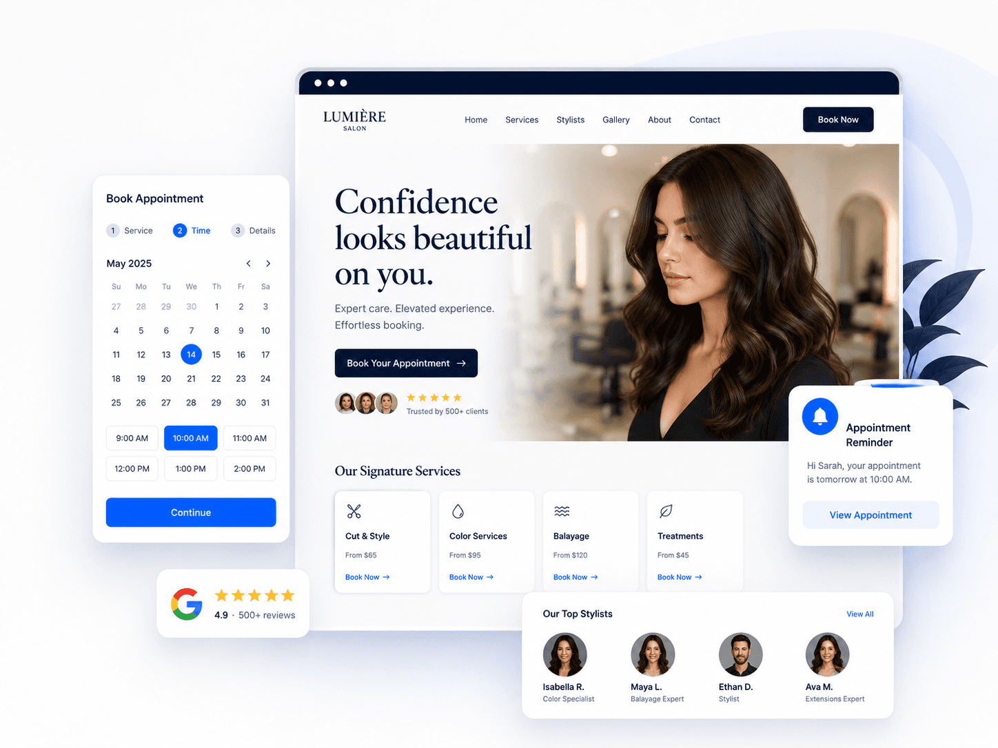Example salon website built by DoxtAI — showing online booking, service menu, and stylist profiles